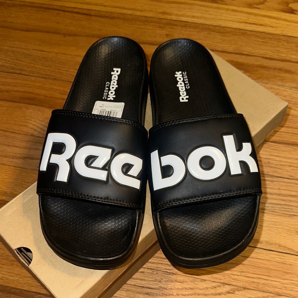 Reebok Classic Black Slides with White Logo